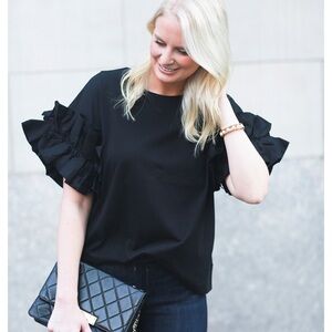 DREW Anthropologie Black Cotton Tee Ruffle Sleeve Sz XS Short Sleeve Top Preppy